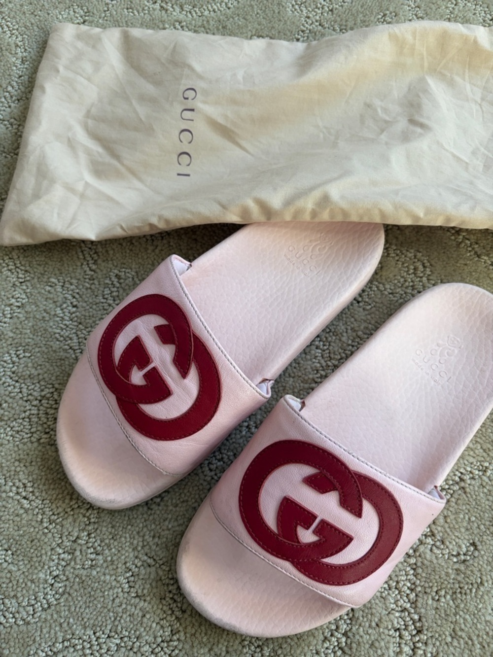 Authentic Gucci Light Pink Slides with Red Logo Emblem